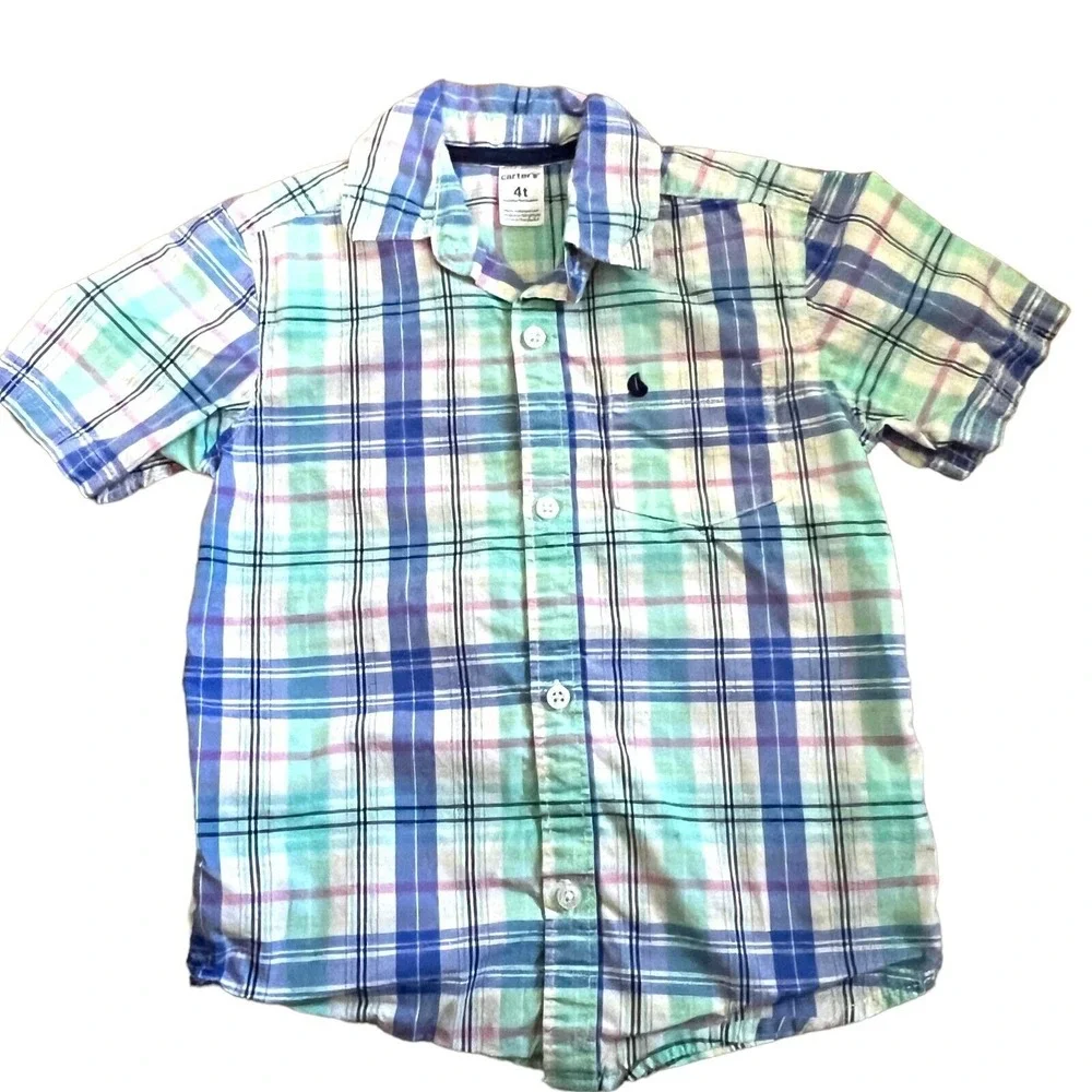 Carter's Toddler Boys Multicolor Plaid Short Sleeve Button Up Sailboat Size 4T